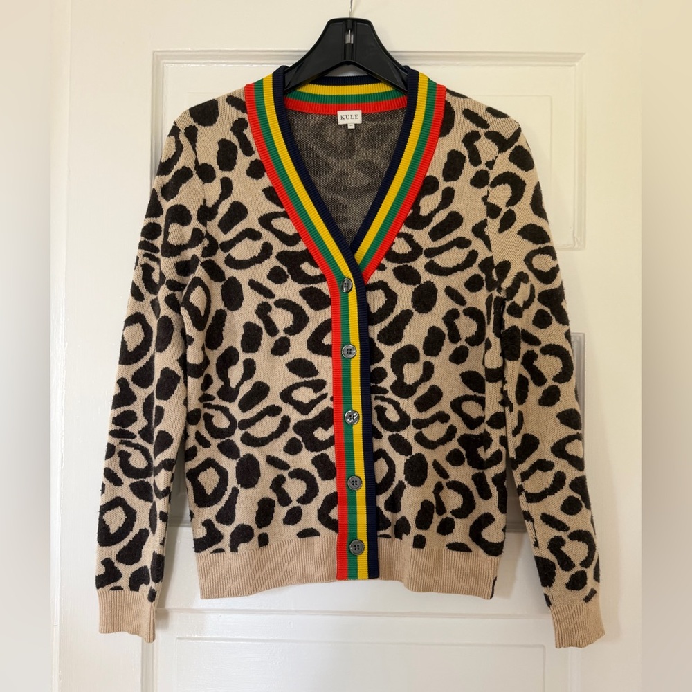 KULE The Cat Leopard Print Cardigan with Red Green Yellow Navy Trim XS